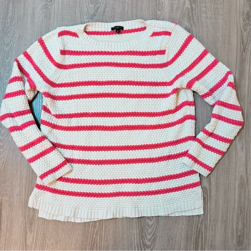 Talbots Striped Pullover Sweater Womens Petite Large Cream Coral Stripes Preppy‌